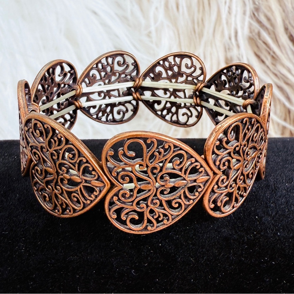 Copper tone Heart Filigree Stretch Bracelet - Picture 9 of 14